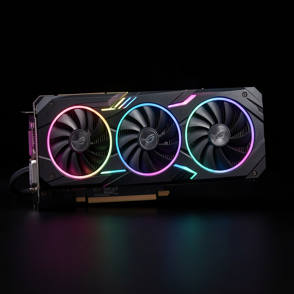 ASUS ROG Strix GeForce RTX 4070 SUPER OC 12GB placa video gaming cu sistem de racire ROG triple-fan si iluminare AURA RGB pe fundal negru