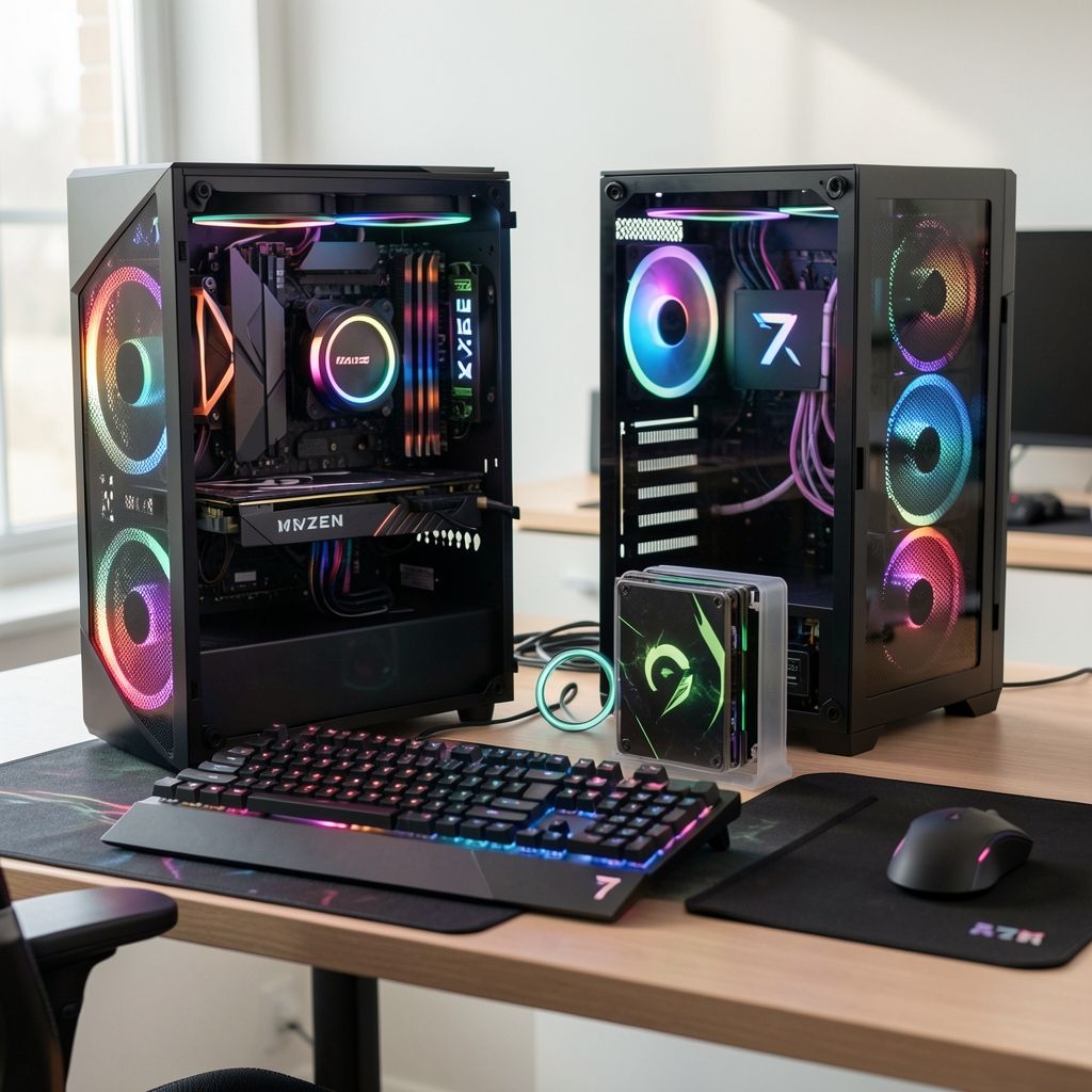 Componente pentru build PC gaming la buget de 1500 euro in 2025 asezate pe masa inclusiv placa video RTX 4070 procesor Ryzen 7 RAM si SSD