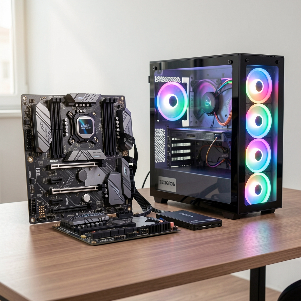 Componente PC gaming aranjate pe masă pentru un build complet: placă de bază ATX, procesor, memorie RAM, SSD și carcasă transparentă cu iluminare RGB