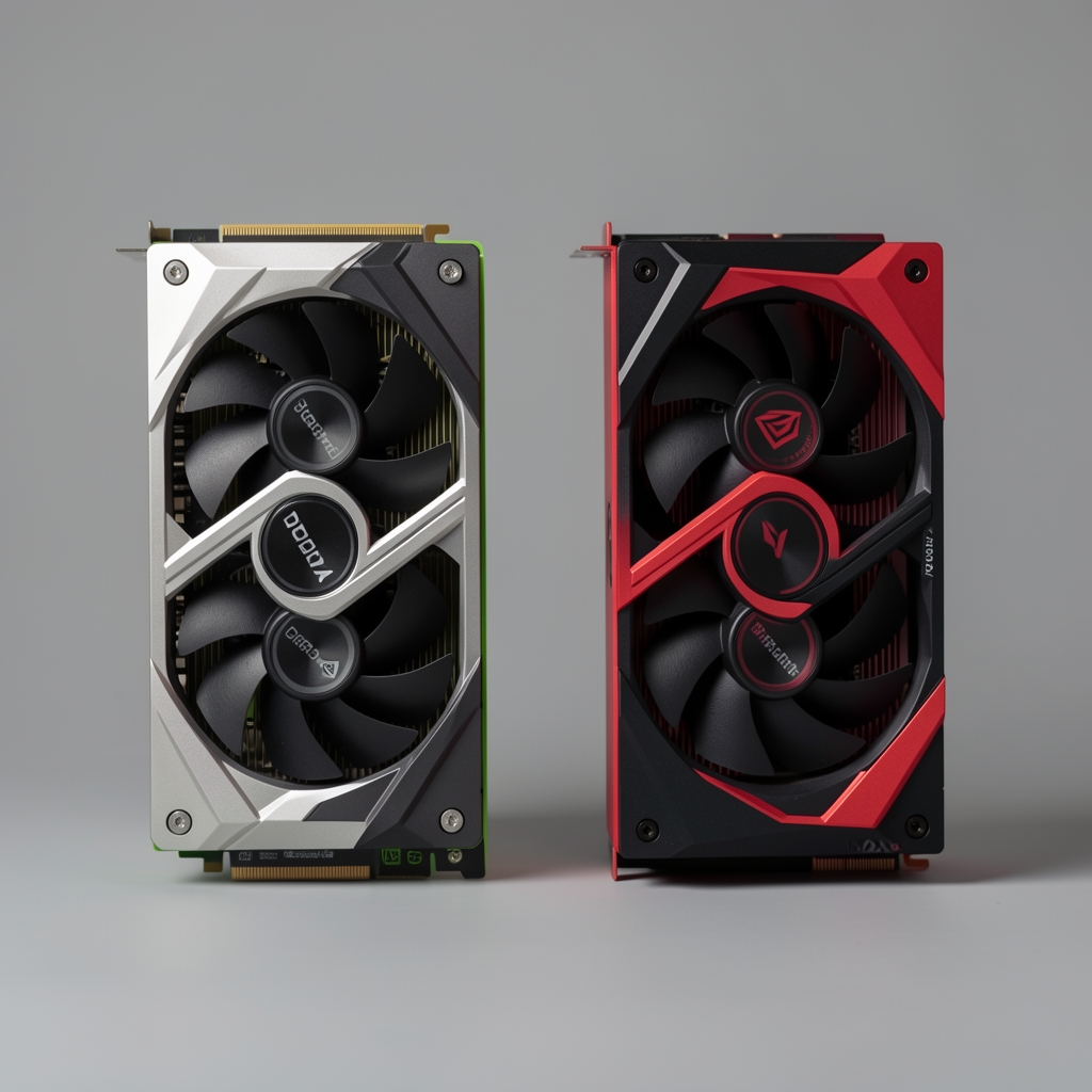 Comparație vizuală GPU 2025: placă video NVIDIA GeForce RTX 4070 Super și AMD Radeon RX 7800 XT, fotografiate față în față pe fundal gri neutru