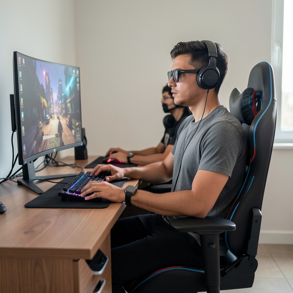 Persoană care stă corect la birou pe scaun gaming ergonomic, cu monitor la nivelul ochilor și coate la 90 de grade, ilustrând postura ideală