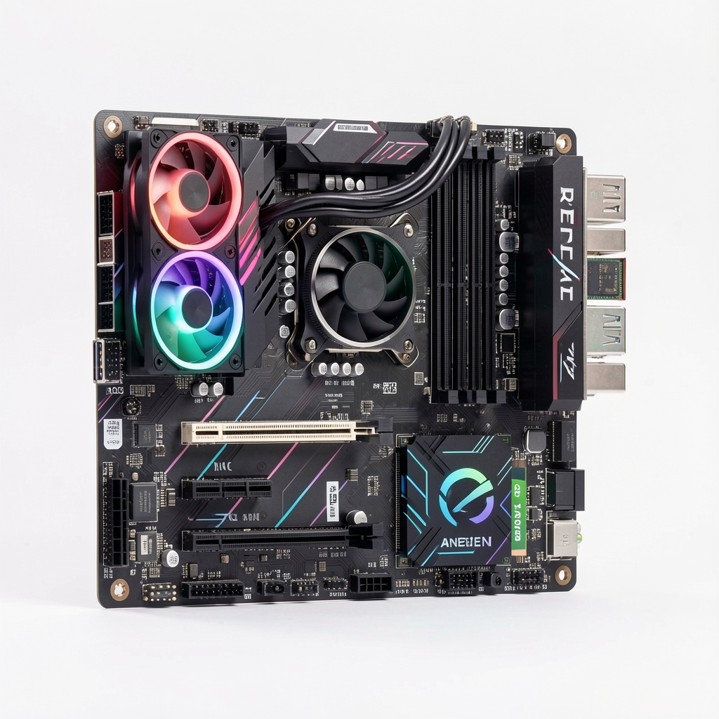 Componente PC gaming pe fundal alb: placă video RTX cu triple fan, procesor AMD Ryzen, memorie RAM RGB și SSD NVMe M.2