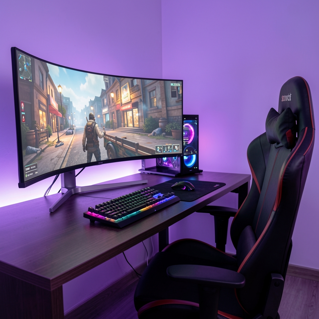 Setup gaming profesional cu monitor ultrawide, tastatură mecanică RGB și scaun ergonomic într-o cameră cu iluminare ambientală violet