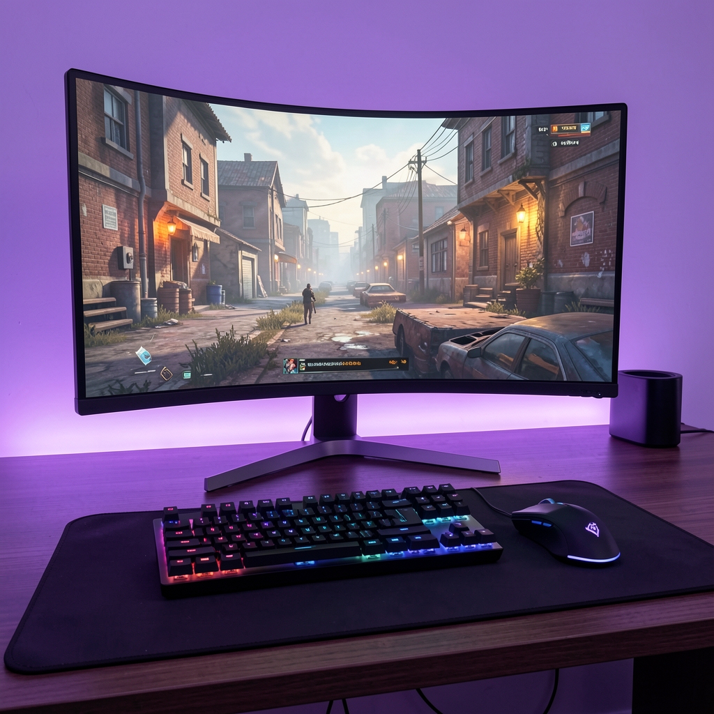 Setup gaming complet cu monitor curbat 27 inch, tastatura mecanica RGB si mouse gaming pe mousepad mare, iluminat violet