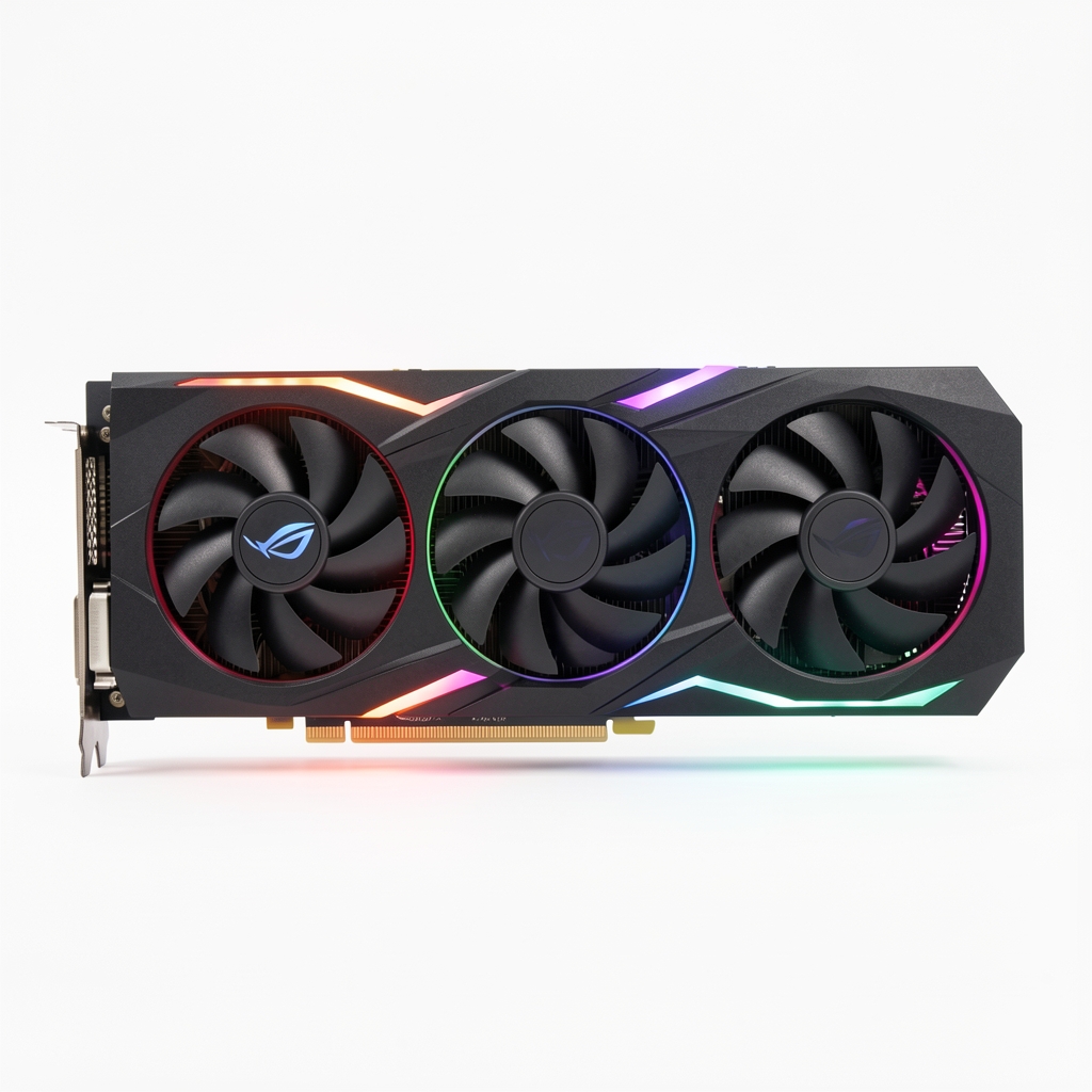 ASUS ROG Strix GeForce RTX 4070 Super placă video cu triple fan cooling system și iluminare RGB lateral pe fundal alb de produs